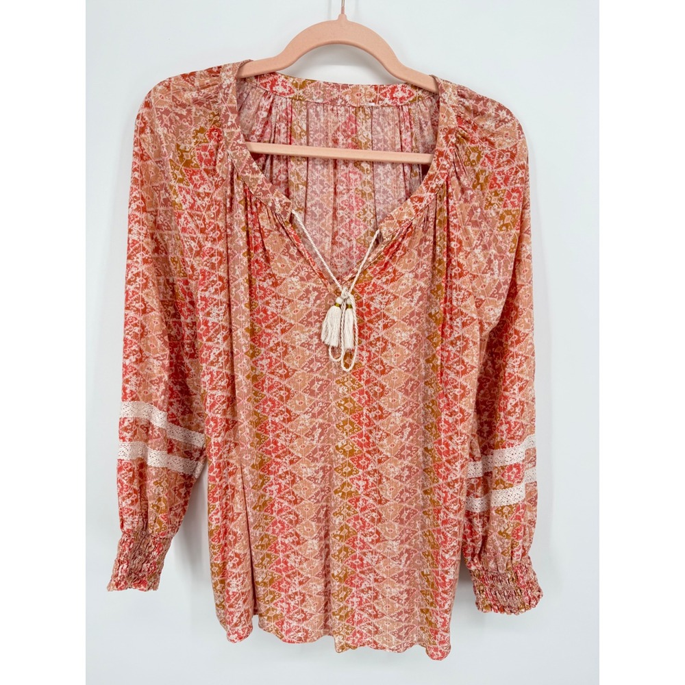 Peasant Blouse Womens L Orange Pink Geometric Lace Tassel Boho Top Festival